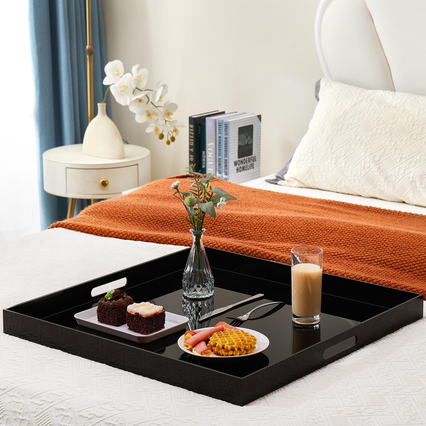 24×24 inches Oversized Black Acrylic Ottoman Tray Extra Large Decorative Tray Spill-Proof Serving Trays with Handles King-Size Safe Edge Organizer for Coffee Table Countertop Breakfast