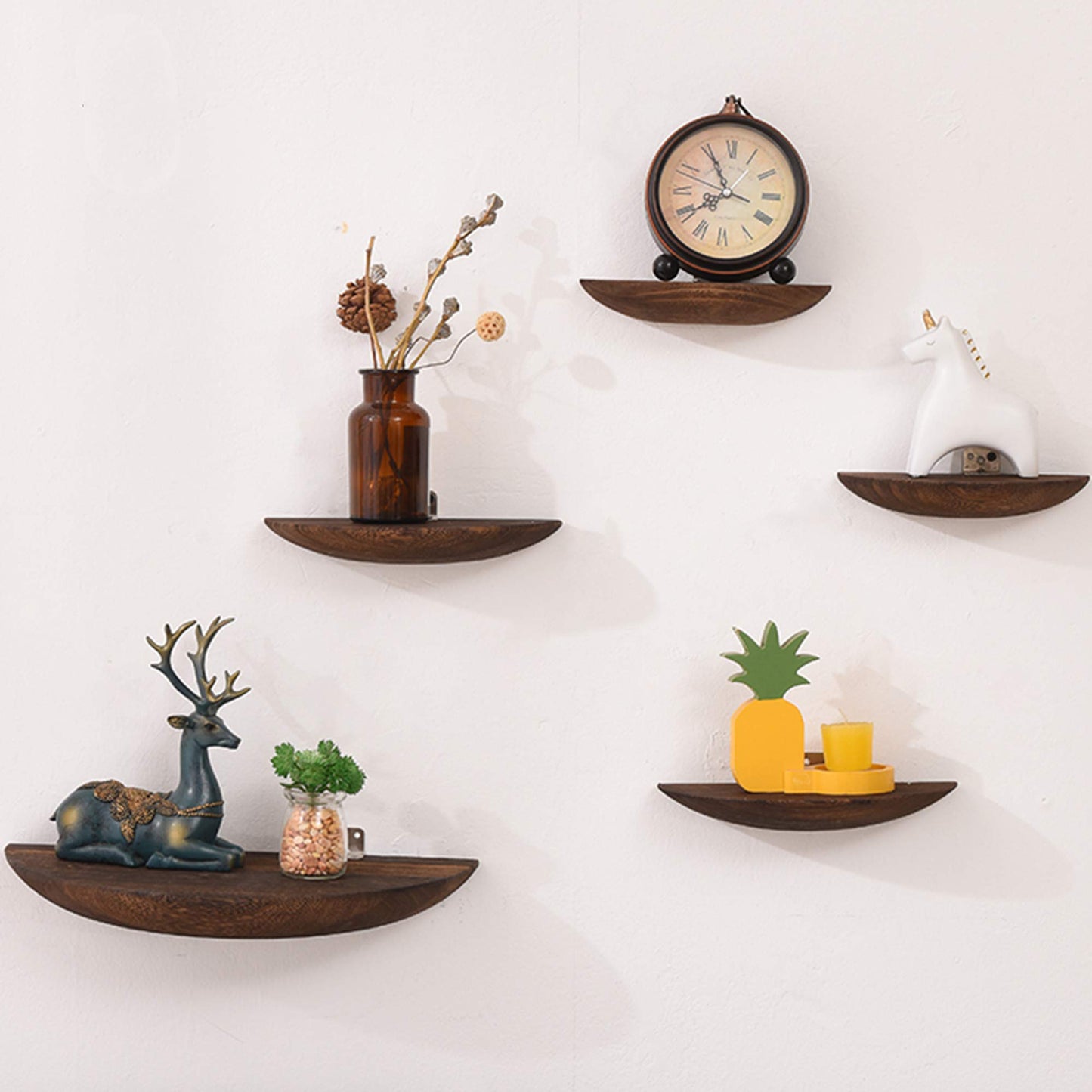 FMXYMC Floating Wall Mounted Shelves, Set of 5 Display Ledge Shelves, Thick Solid Wood, 2 Installation Methods, Semi Circle Panel, for Bedroom Office Kitchen Living Room,Brown