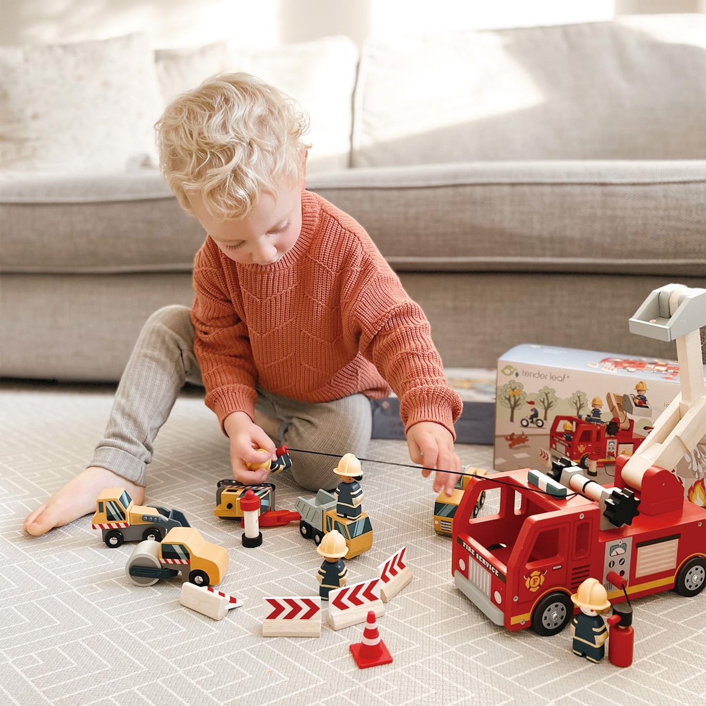 Tender Leaf Toys - Fire Engine - Wooden Fire Truck Toy with Firefighters and Accessories - Story Telling, Pretend Play and Imaginative Play for Age 3+