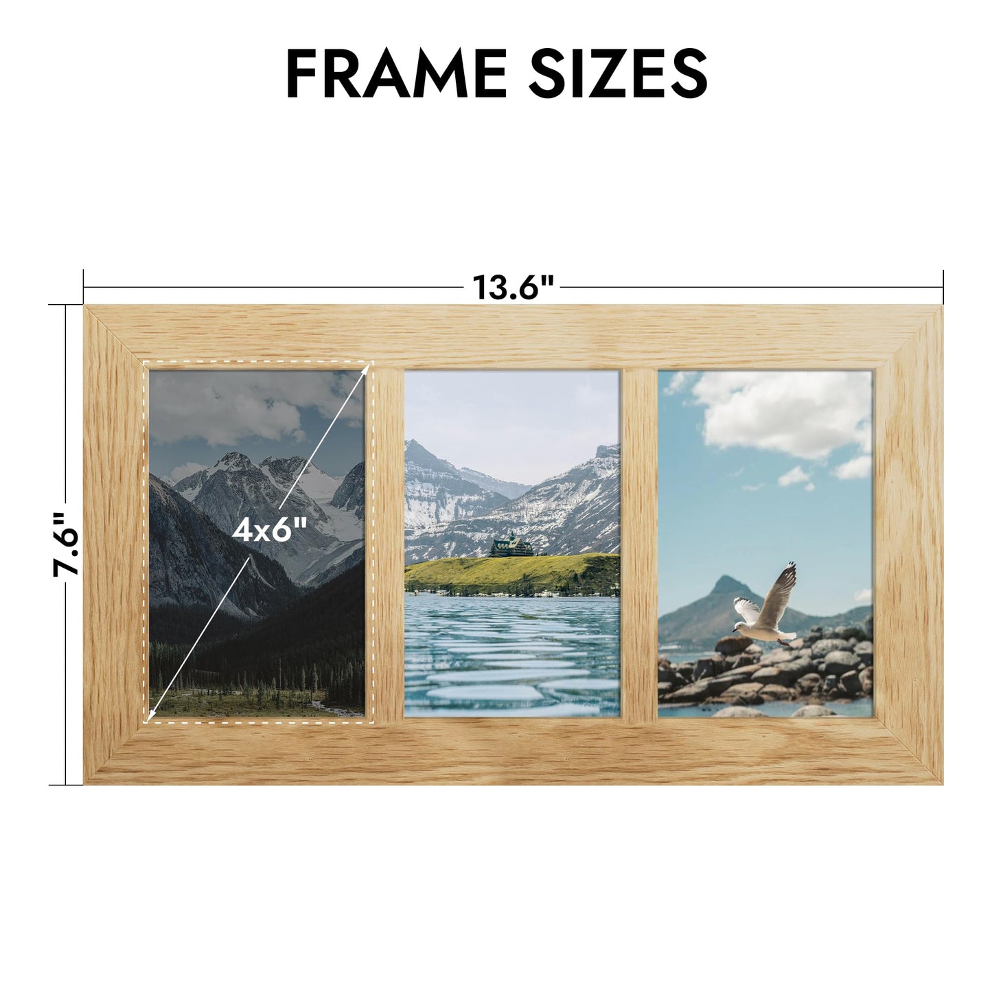 Hongkee 4x6 Oak Wood Picture Frame Collage, Real Glass and Solid Wooden Frames, Display 3 4x6 Picture Frame for Wall Hanging or Tabletop(1Pack, Natural)