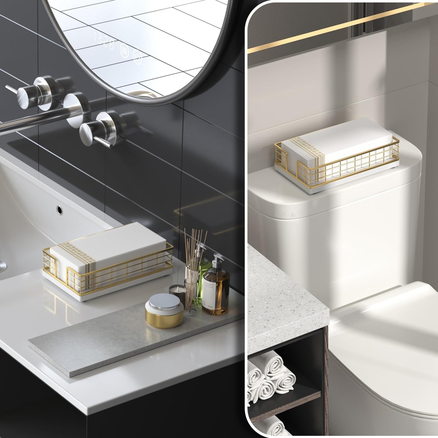 Wican Marble Guest Towel Holder Tray for Bathroom, Napkins Holder for Powder Room Dinning Table Wooden Basket for Disposable Paper Hand Towels Gold and Marble White