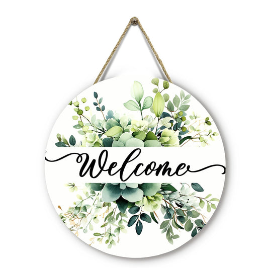 Dacawin Spring Summer Welcome Door Sign Green Eucalyptus Leaf Wooden Door Hanger Floral Leaves Front Door Hanging Sign for Outdoor Home Farmhouse Porch Sign Decor
