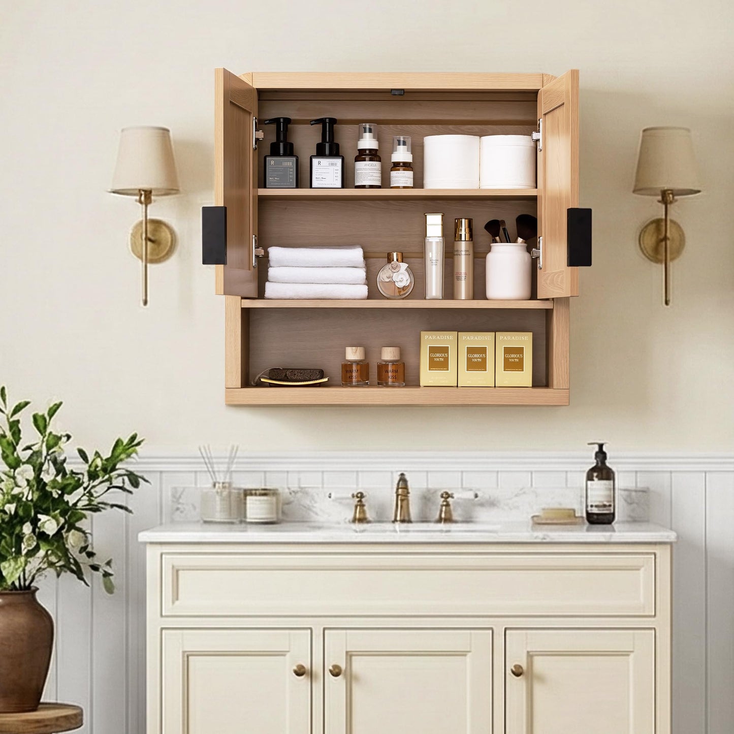 Amellix Wall Mounted Bathroom Storage Cabinet with Adjustable Shelf, Wooden Medicine Cabinet Over The Toilet Organizer for Space Saving, Modern Farmhouse Style, Natural Oak