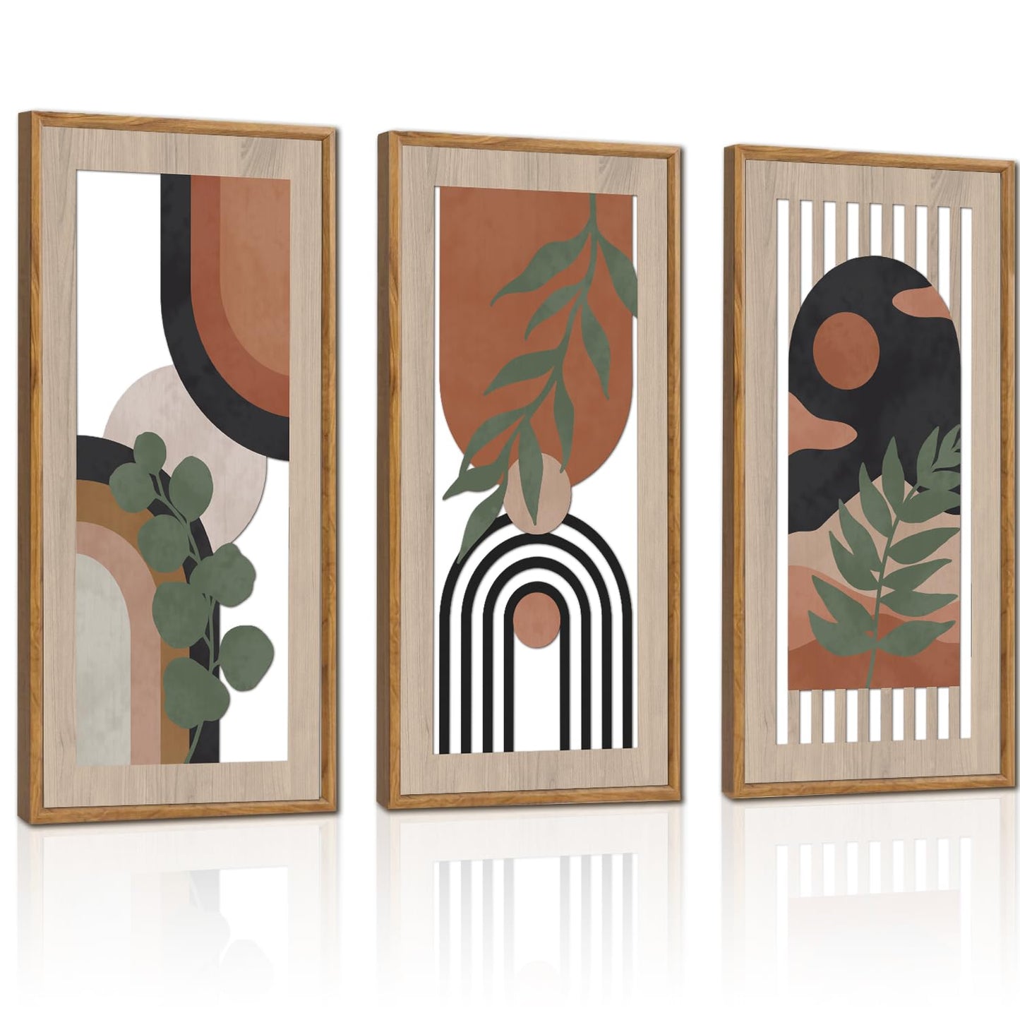 HPNIUB 3 PCS Boho Wall Decor, Minimalist Mid Century Sun Geometric Line Hanging Wood Sign for Living Room, 8x16Inch Modern Botanical Leaf Wooden Plaque for Apartment Bedroom Office Decoration