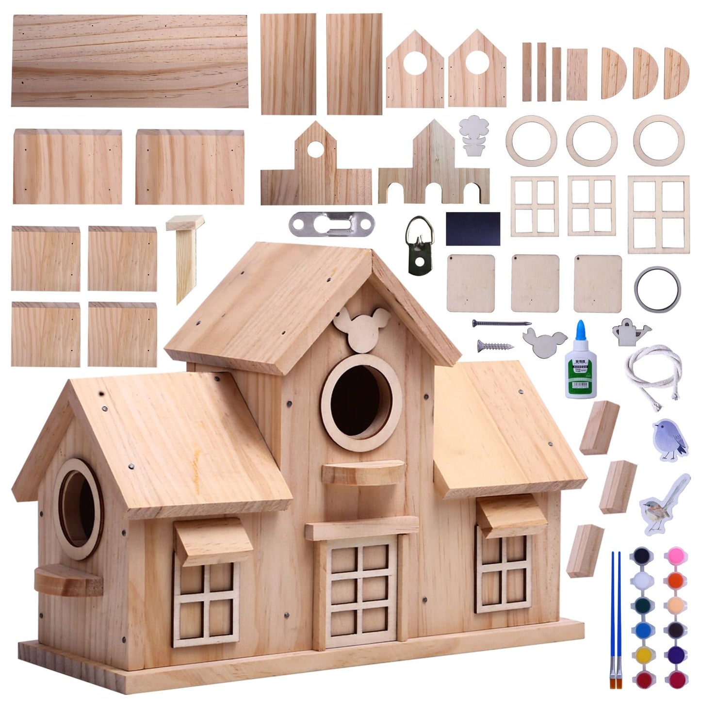Wooden Birdhouse with Multiple Nesting Compartments, Hanging Bird House, 11.8 x 4.7 x 8.66 Inch