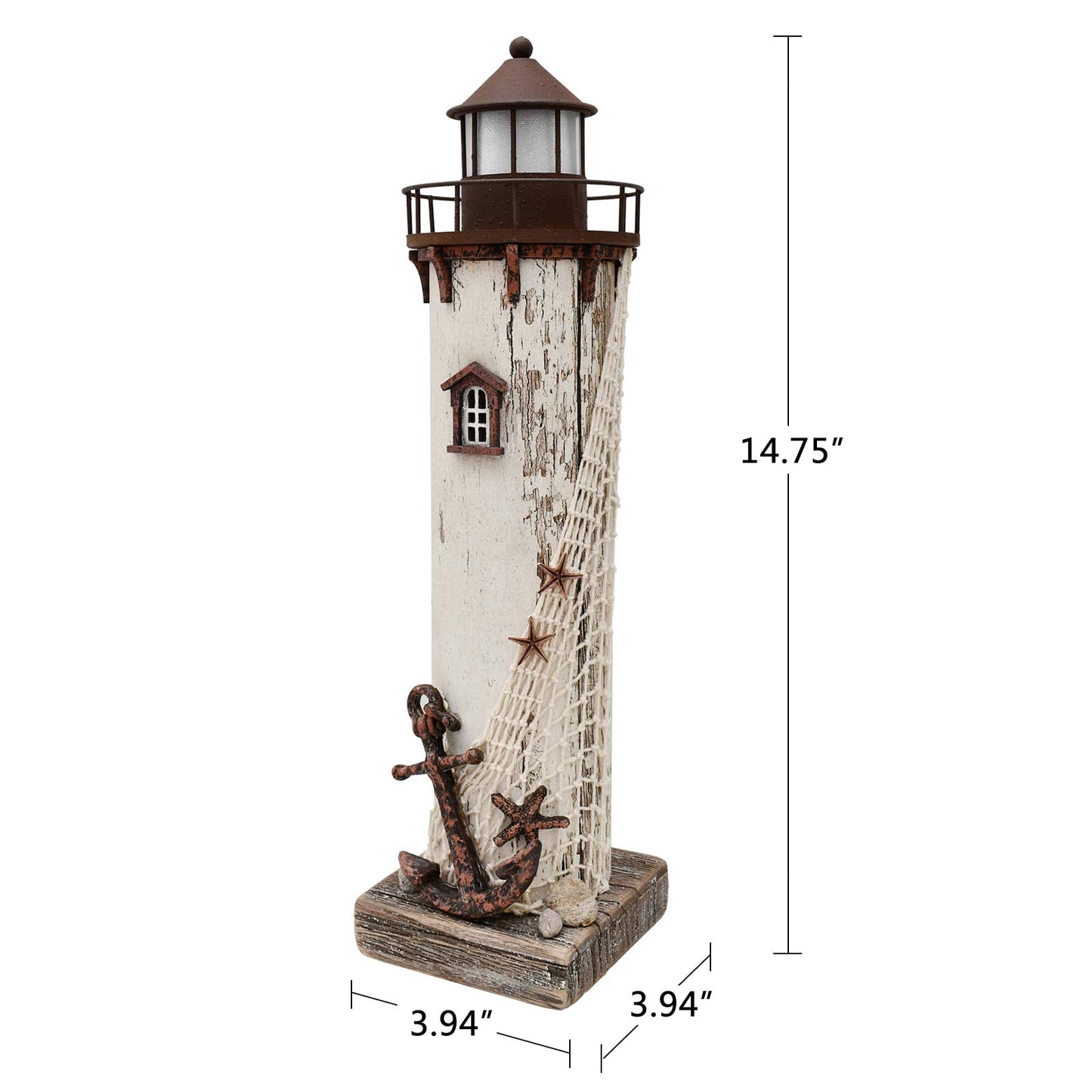 E-view Wooden Lighthouse Nautical Tabletop Figurine Beach Themed Ornaments with Starfish - Lighted Tower Light Wood Home Décor Party Decoration