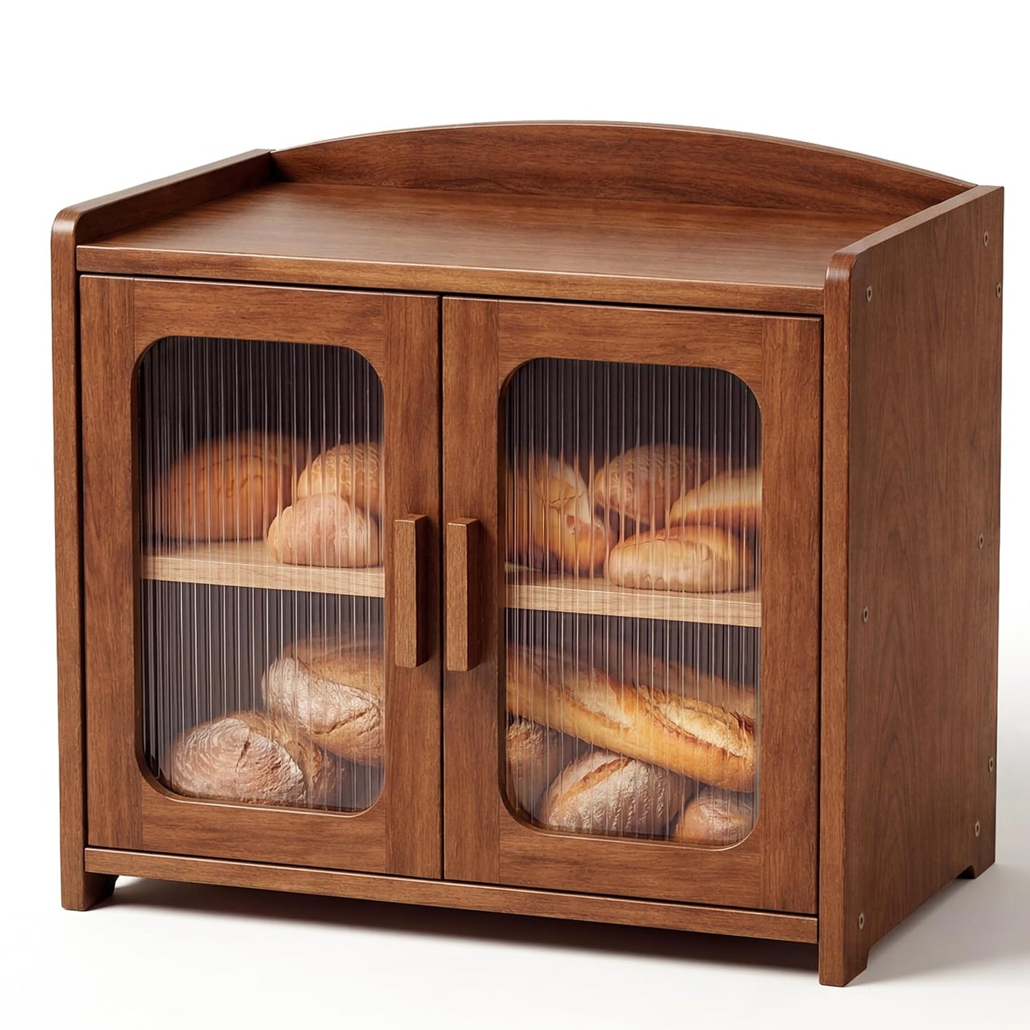Florwish Premium Solid Wood Bread Box for Kitchen Countertop, Large Capacity 2 Tier Wooden Bread Box for Homemade Bread, Sourdough Bread and Bagels, Modern Chestnut Brown