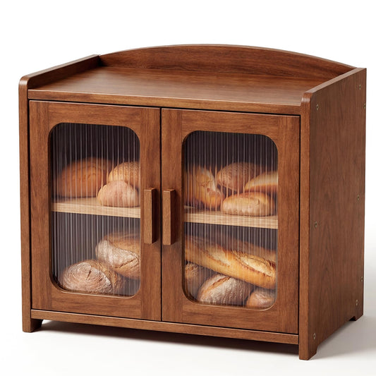 Florwish Premium Solid Wood Bread Box for Kitchen Countertop, Large Capacity 2 Tier Wooden Bread Box for Homemade Bread, Sourdough Bread and Bagels, Modern Chestnut Brown