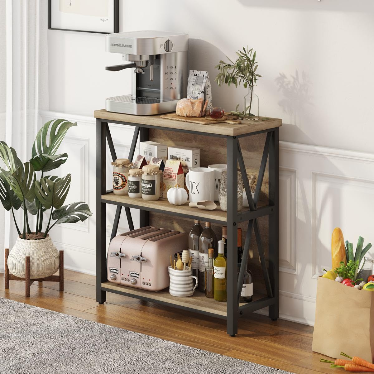 FATORRI Industrial 2 Shelf Bookshelf and Shoe Bench for Entryway (Rustic Oak)