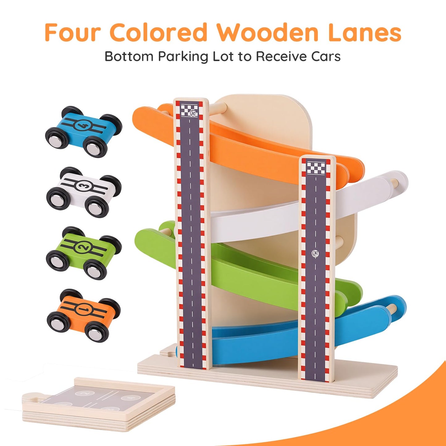 Busy edition Car Ramp Toys for 1 Year Old Boy Gifts, Montessori Toys for 1 Year Old, Wooden Race Car Track for Toddlers 1-3, Toy Cars Ramp with 4 Mini Cars & Parking Lots, 1st Birthday Gifts Boy