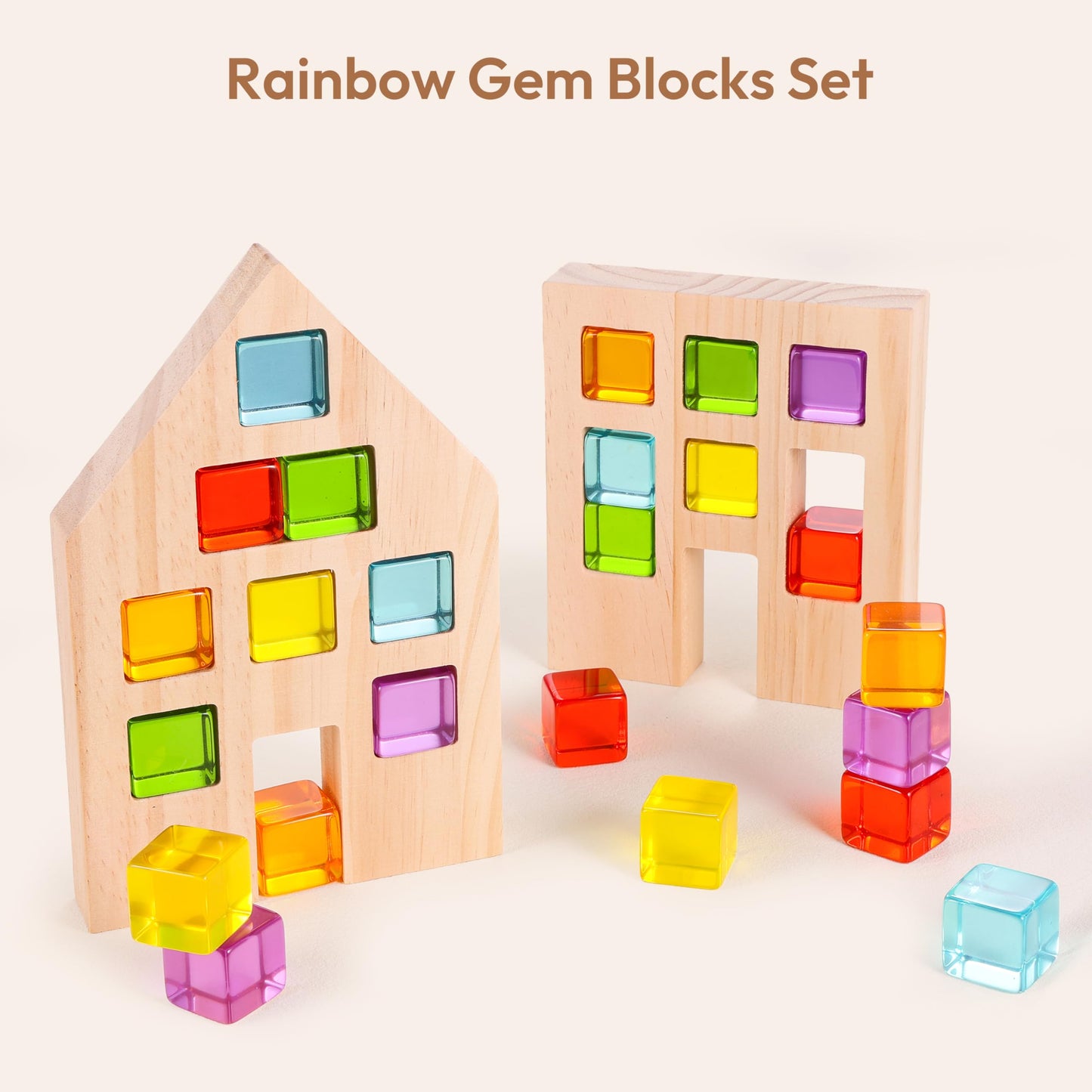 Woodtoe Wooden Building Blocks Set for Kids, 24 PCS Rainbow Gem Cubes Stacking Blocks - 2 Wood House, Montessori Stacking Toy for Toddlers, Educational STEM Sensory Birthday Toy for Boys Girls 3-6