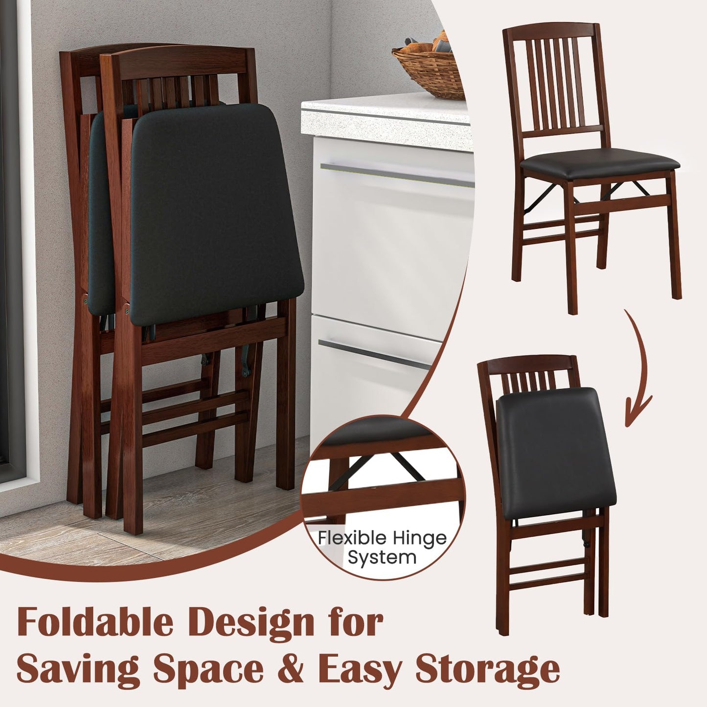 Giantex Folding Dining Chairs Set of 2, Foldable Wood Kitchen Chairs with Padded Seat, Max Load 420 Lbs, No Assembly, Wooden Dining Room Chair, Armless Side Chair for Home Apartment, Brown & Black