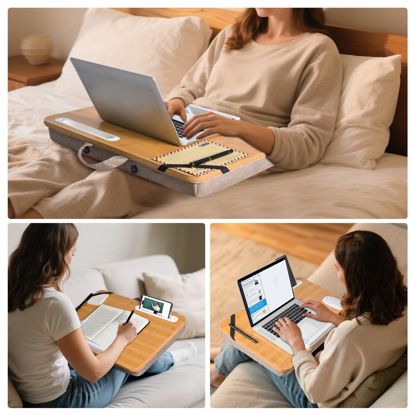 wishacc Portable Lap Desk Tray, Natural Wood, Large 21.1 x 12.9 Inch, for Home Office