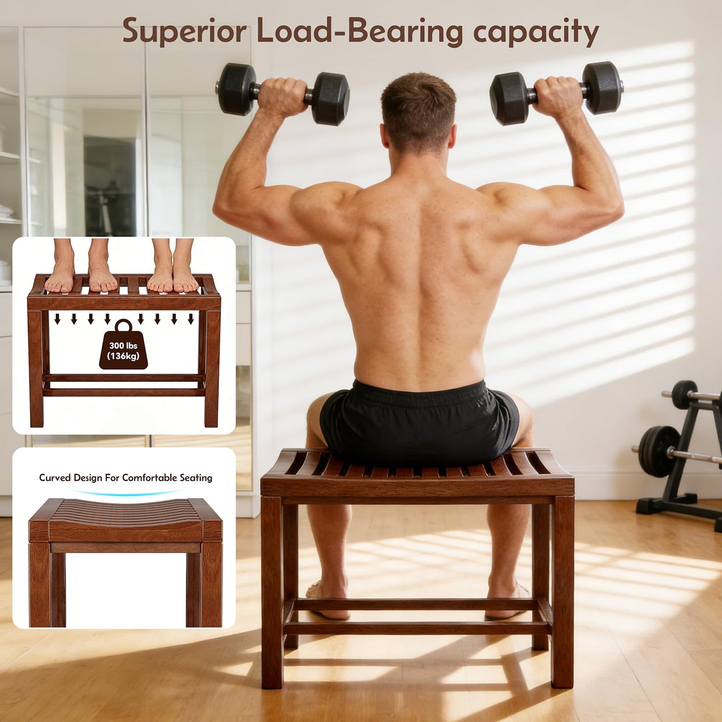 Azlafu Rubber Wood Shower Bench, Non-Slip Waterproof Wooden Shower Stool for Adults & Elderly, Sturdy Bath Seat for Inside Shower or Tub – 24.02" D x 14.96" H x 6.3" W