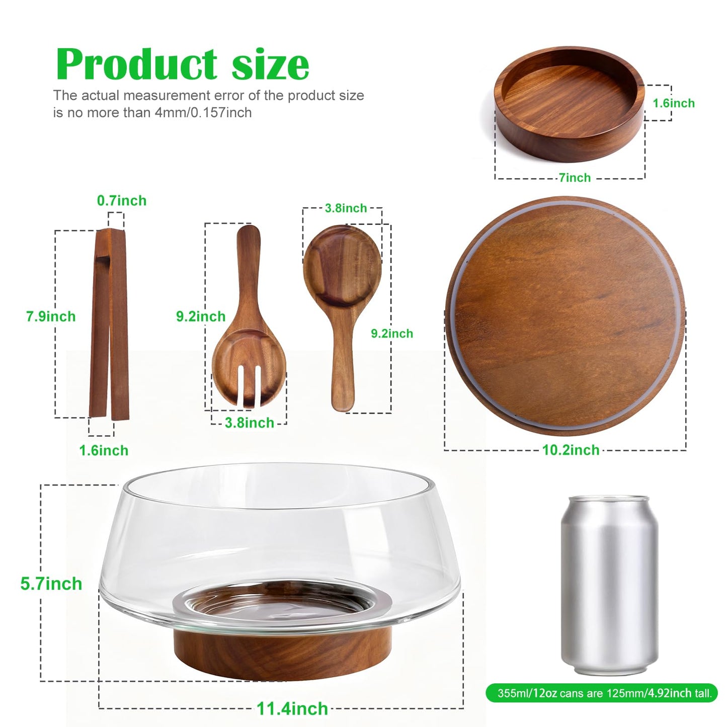 Airsent Extra Large Glass Salad Bowl with Lid Set, 5-Qt (160 fl oz) Mixing/Serving Bowl with Wood Base & Salad Servers, Trifle Bowl for Kitchen, Parties & Christmas
