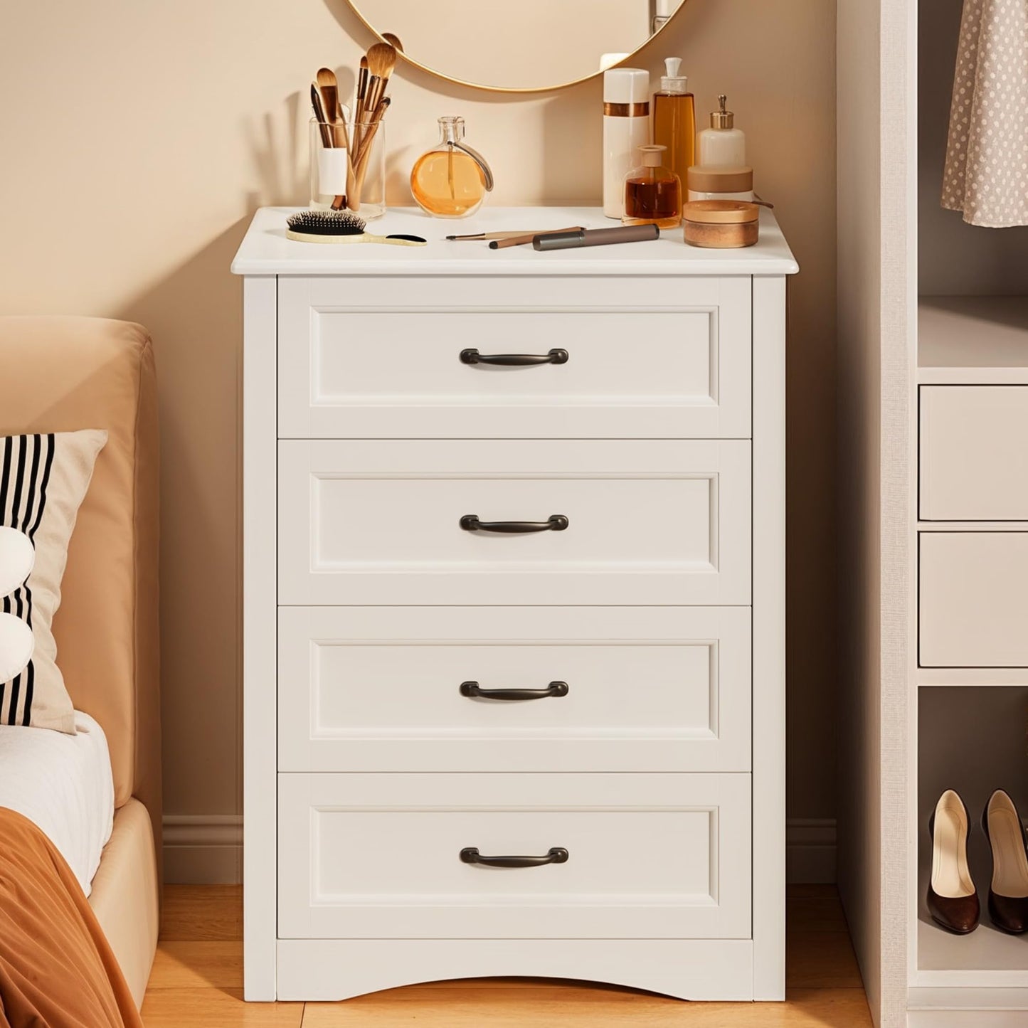 Gizoon Dresser for Bedroom with 4 Drawers Wooden Chest of Drawers for Closet Dresser Storage Unit Organizer for Hallway Living Room and Office, White, Painted