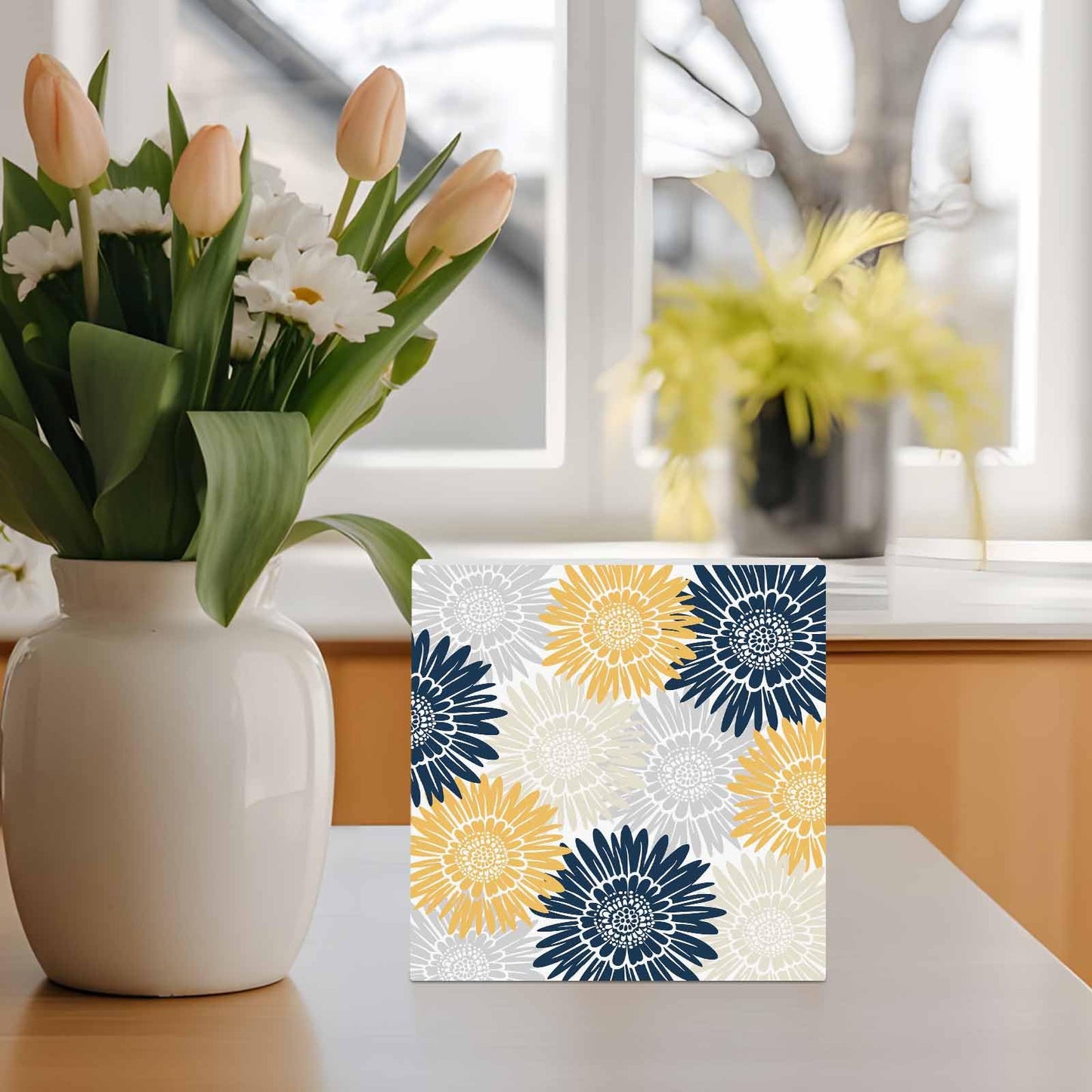 Navy Blue Gray Yellow Sunflowers Wood Box Sign Desk Decor, Abstract Blooming Floral Decorative Wooden Block Box Sign Decorations for Home Office Shelf Table Decor 6x6 Inches
