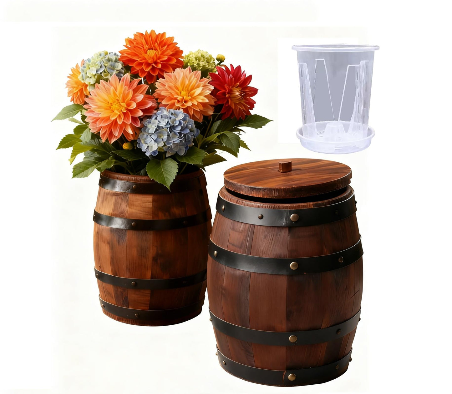 Wood Wine Barrel Vase 6" x 5" – Mini Barrel Rustic Wooden Flower Vase Planter for Wedding Reception, Party Table Decoration,Home Indoor Outdoor Garden, Kitchen,Planting-2pcs (2)