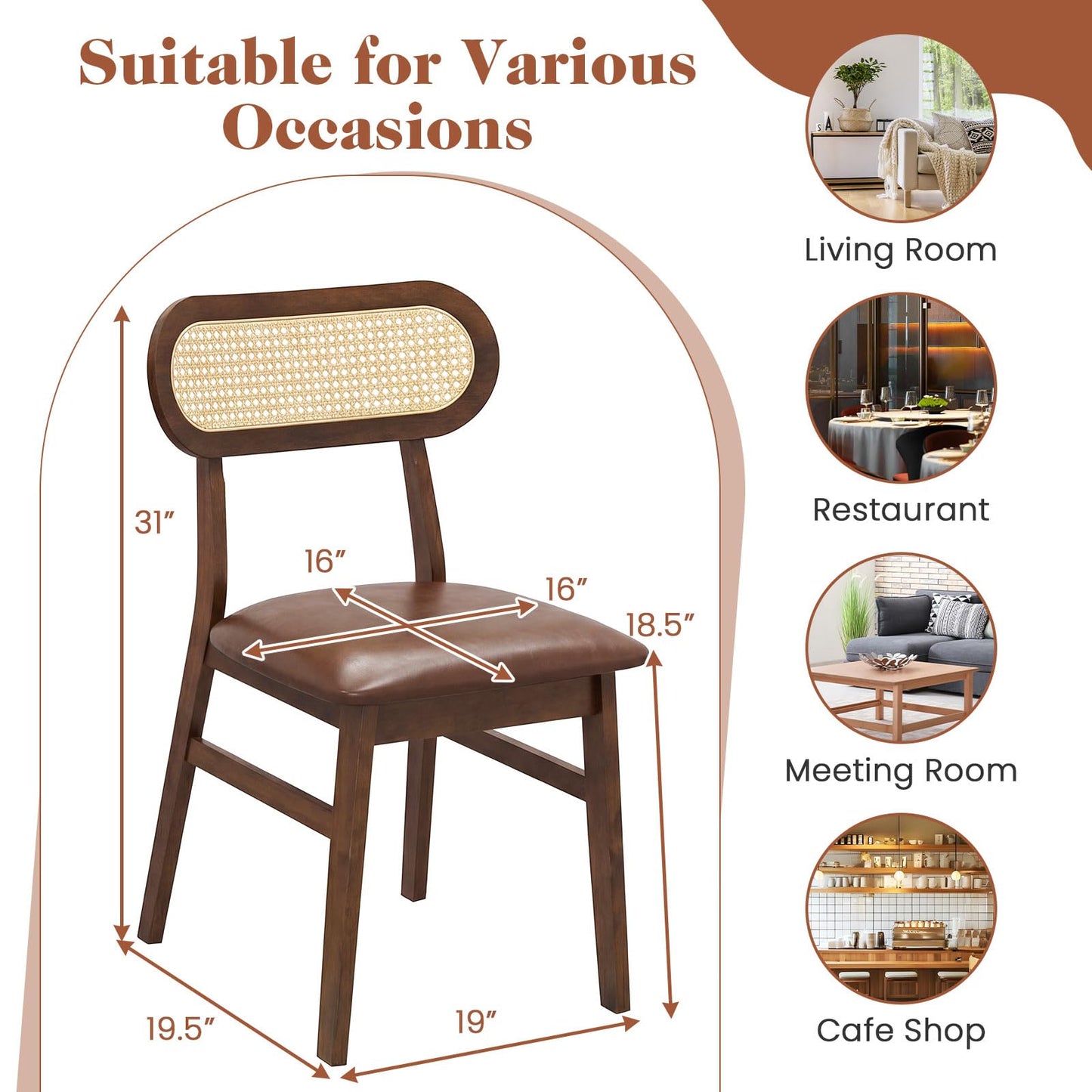 Giantex Wooden Dining Chairs Set of 2, Faux Leather Upholstered Kitchen Chairs w/Breathable Mesh Cane Backrest, Rubber Wood Frame, Padded Seat, Farmhouse Armless Side Chairs for Dining Room, Coffee