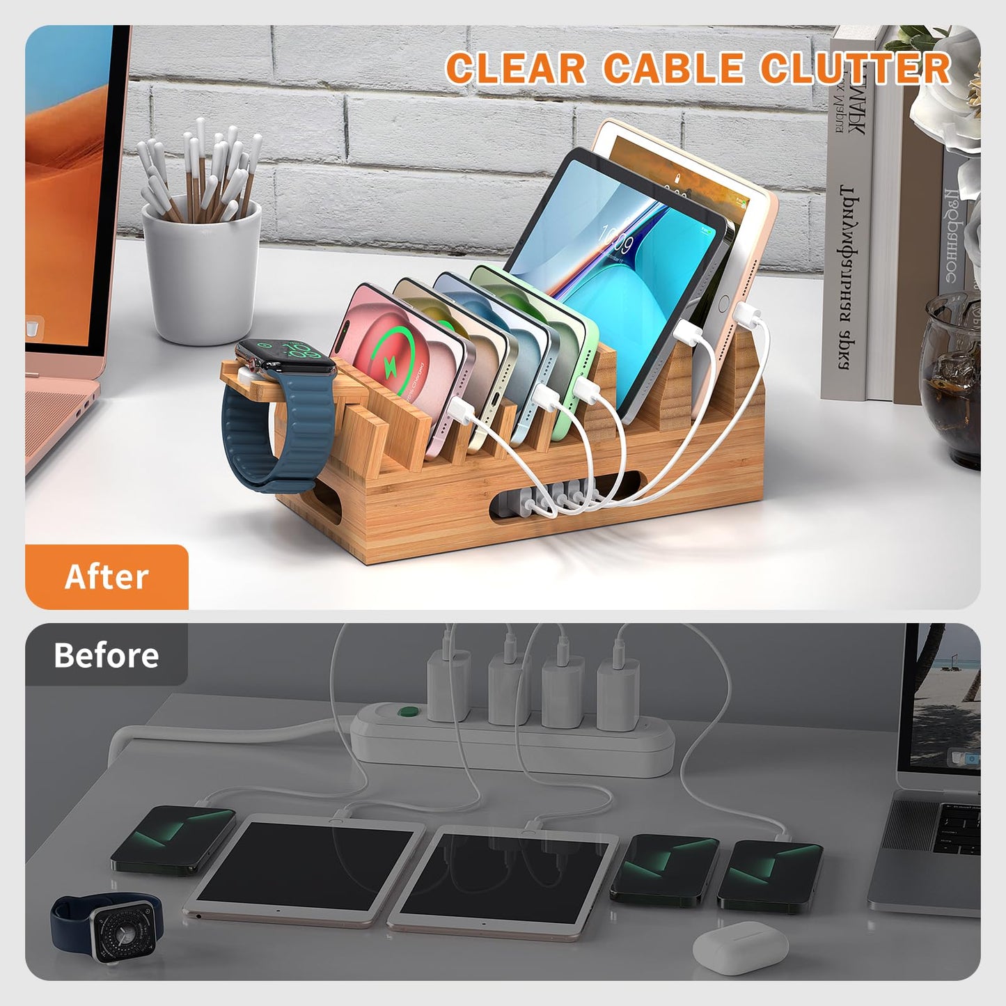 Pezin & Hulin Bamboo Charging Station Holder with 5 Port USB Charger, 5 x Charge Cables, Watch Stand, Wood Docking Stand Electronic Organizer for Multiple Devices, Phones, Tablets and More