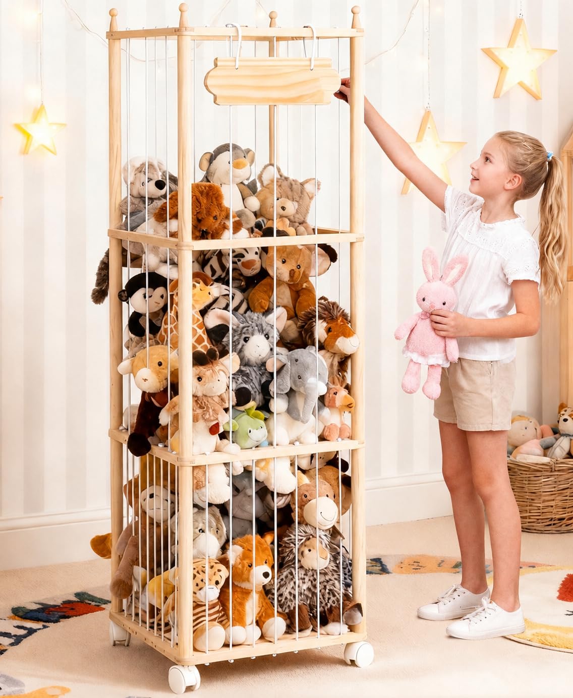 Stuffed Animal Storage - Wooden Large Organizer Holder for Kids' Room and Playroom - Plush Zoo Animals Holder with Elastic Cords & Brake Wheel for Toddler Bedroom Toy Stuff Organization