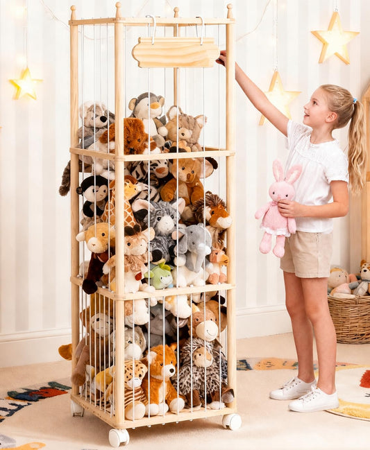 Stuffed Animal Storage - Wooden Large Organizer Holder for Kids' Room and Playroom - Plush Zoo Animals Holder with Elastic Cords & Brake Wheel for Toddler Bedroom Toy Stuff Organization