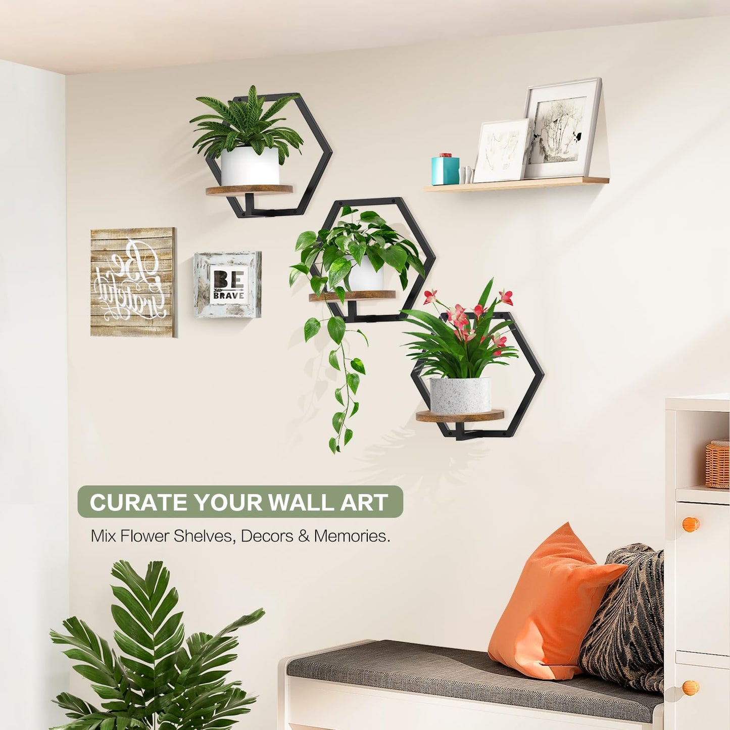 JOPBENG 3 Packs Wall Planters for Indoor Plants, 7.9inch Metal Plant Holder Hanger Wall Decor, Mounted Hanging Window Shelves Outdoor Rack (Black Wooden Base)