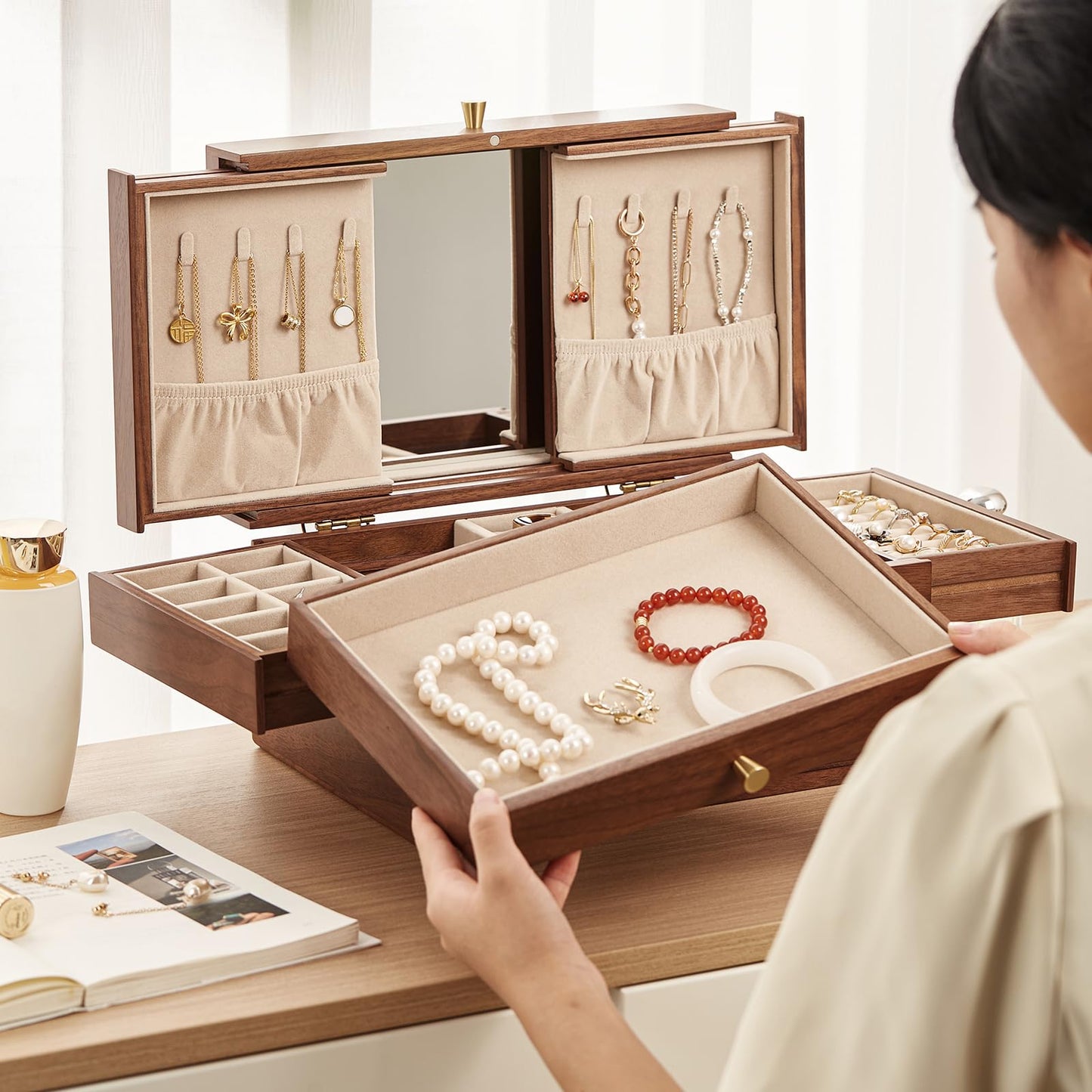 Homruilink Wooden Jewelry Box for Women, 3 Level Multi-functional Drawers Black Walnut Jewelry Organizer Box, Watch, Necklace, Ring, Earring Storage, Fathers Day Gift (With Mirror B)