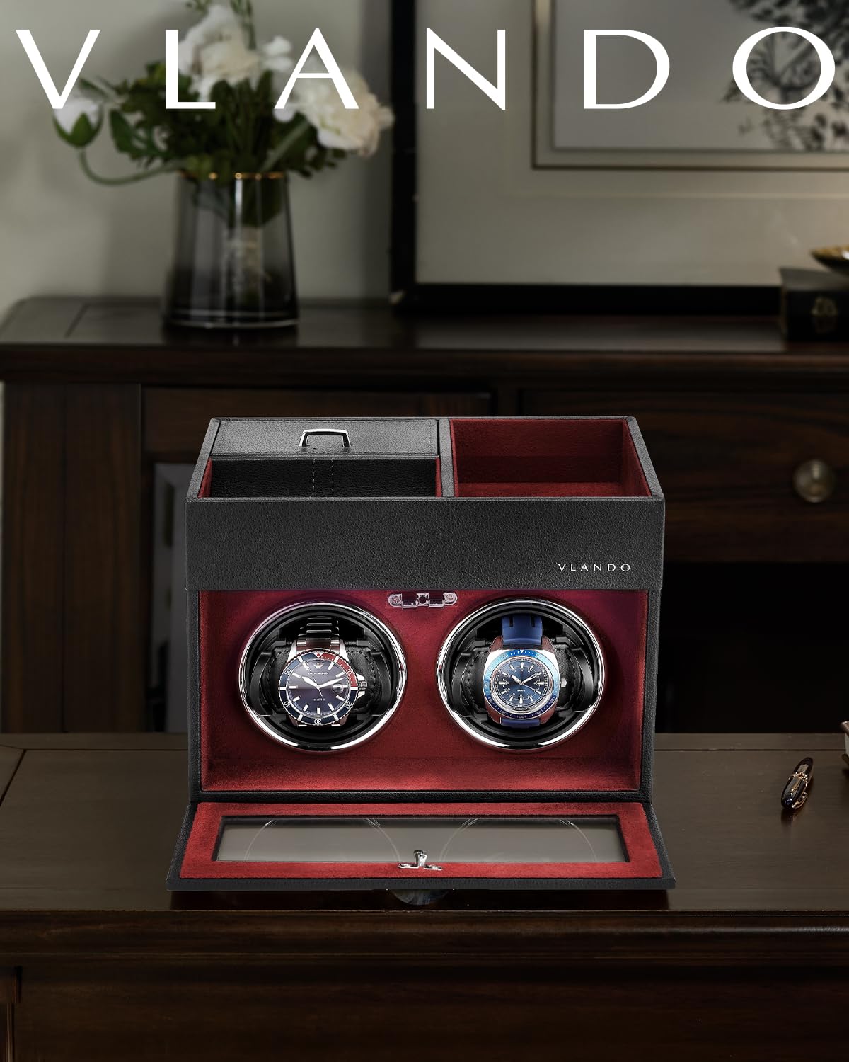 VLANDO Automatic Double Watch Winder - Watch Winder Box with Men Jewelry Organizer Tray, Japanese Quiet Motor, LED Light, Adjustable Watch Pillows - Red