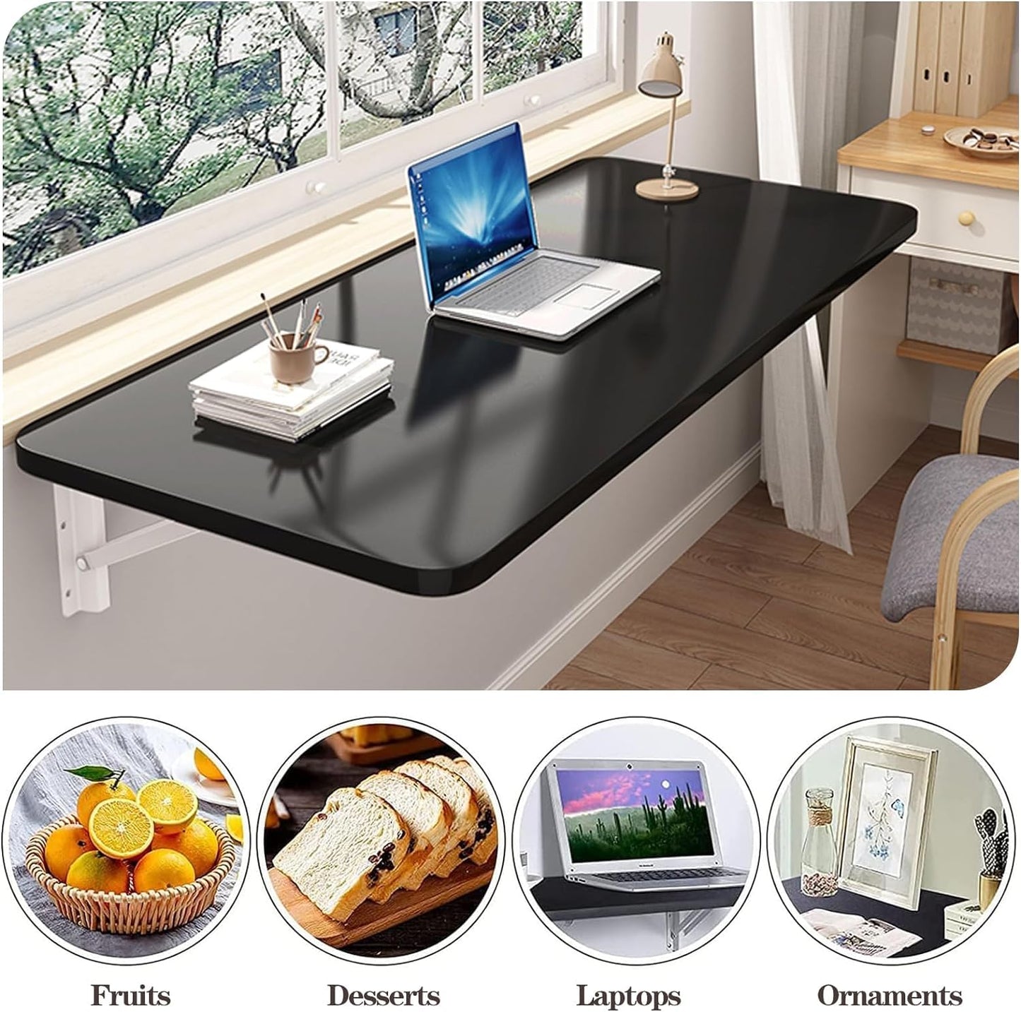CYGJSYEA Wall Mounted Folding Table,Black Floating Desk for Small Spaces,Stainless Steel Bracket Laundry Folding Table,Wall Folding Desk,Home Bars and Dining Establishments(80X50cm/31.5"×19.7")