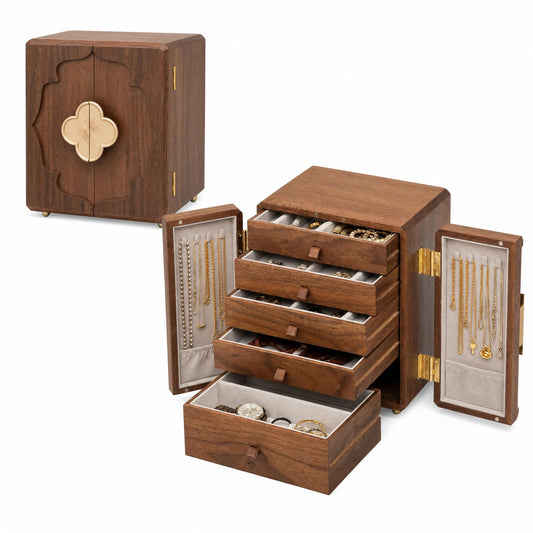 ganovea Solid Black Walnut Jewelry Storage Box, Handcrafted Multi-Layer Wooden Organizer with Begonia Flower Window, 5 Drawers and Compartments, Anti-Tangle Hooks, Vintage Gift for Women