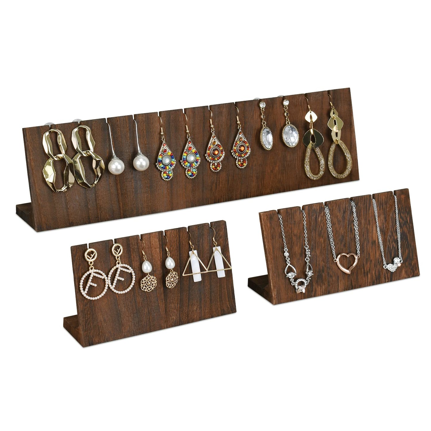 MOOCA Stunning 3-Piece Wooden Jewelry Display Stand Set - Versatile Earring and Pendant Organizer | Elegant Jewelry Stand, Rack, and Holder for Earrings | Holds up to 12 Pairs, Brown Color