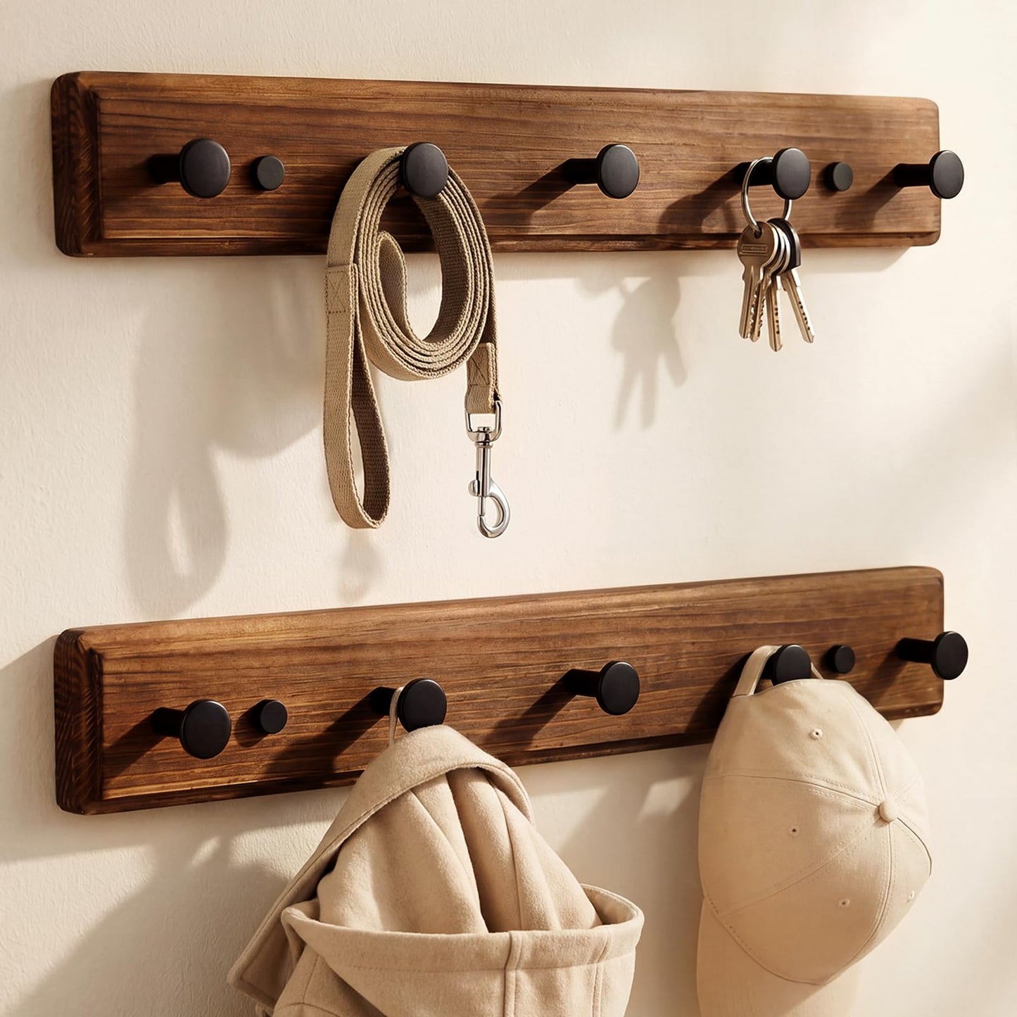 POZEAN Wooden Coat Rack Wall Mount, 2 Pack Wall Mounted Coat Hangers with 5 Smooth Round Hooks, Space Saving Organizer for Entryway,Bathroom, Clothes, Jackets, Hats, Keys(‎Brown Plate & Black Hooks)