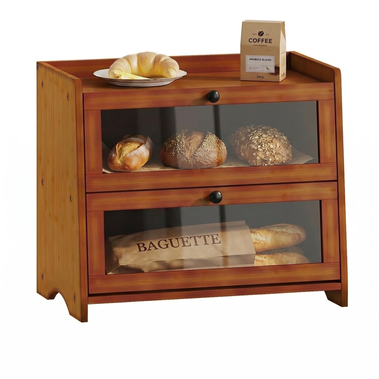 Plusinthebox Brown Bread Box for Kitchen Countertop, 2 Tier Large Capacity Wooden Bread Storage Container, Farmhouse Bread Keeper for Bread, Bagels, Pantry Organizer