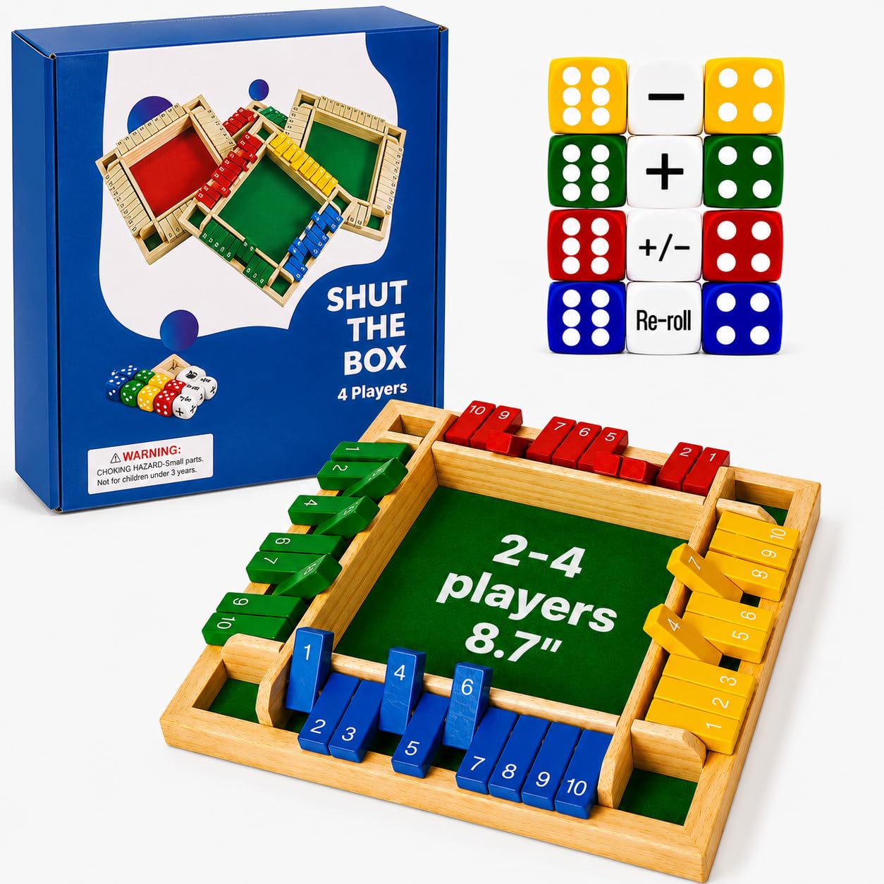 Elanbells Shut The Box Dice Game for 2-4 Player Wooden Dice Game Math Games Close The Box Family Dice Board Games for Kids Adults, Tabletop Version Games for Classroom, Home, Easter Day, Party or Pub