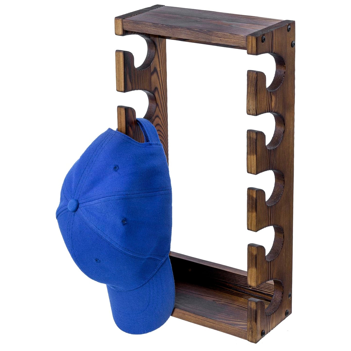 MyGift Wooden Hat Rack Wall Mounted, Baseball Cap Collection Holder Display, Wood Hat Organizer Shelf Storage with 10 Hooks for Hanging, Rustic Burnt Solid