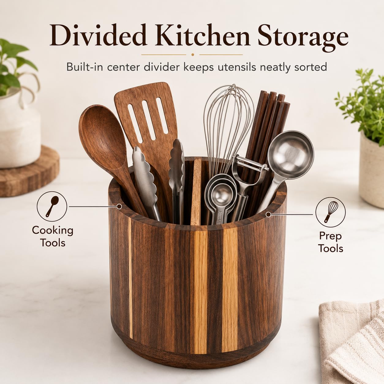 7.5x6.8Inch Large Acacia Wood 360° Rotating Utensil Holder, Round Wooden Kitchen Organizer with Center Divider, Wood Desk Pen Holder, Makeup Brush Holder, Countertop Storage Caddy for Kitchen, Office