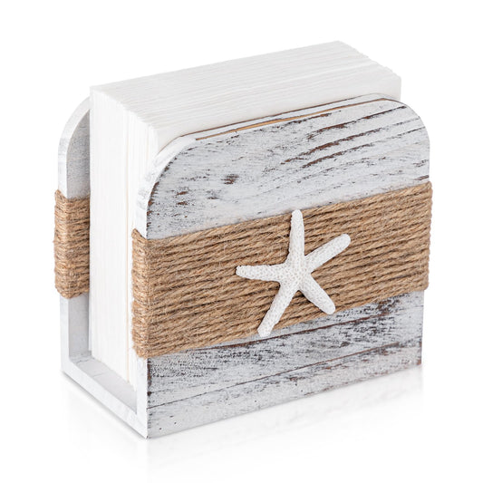 Fiwochic Natural Wooden Napkin Holder, Farmhouse Napkin Holders Upright Wooden Tissue Dispenser for Kitchen Dining Room Table Decor Indoor & Outdoor Use (Beach Style,White)