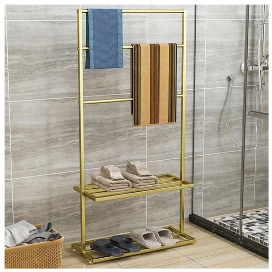 BIOMICE Floor Towel Rack Freestanding Towel Rack 3-Tier Bars Blanket Rack with Storage Rack Blanket Stand for Bathroom Freestanding Towel Racks(Gold)
