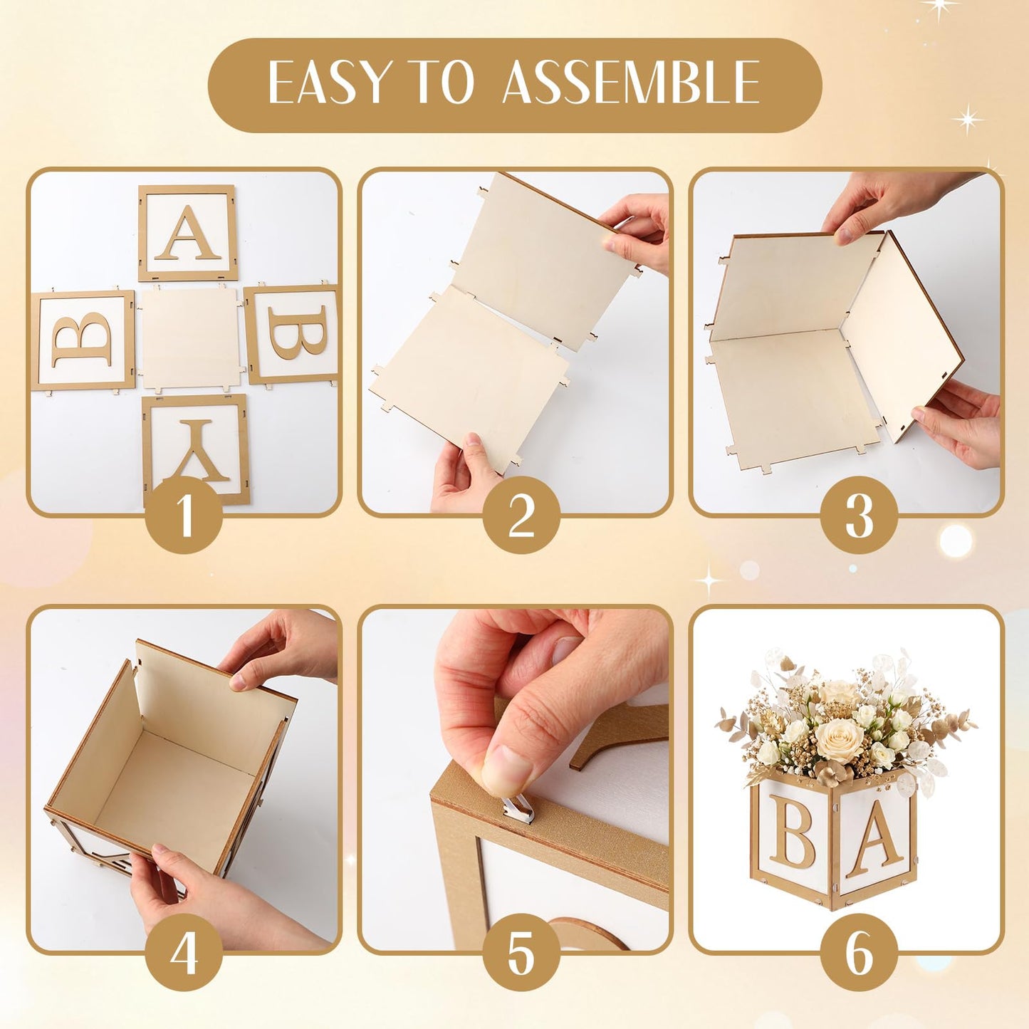 SiliFine 6 Set Baby Shower Centerpieces for Tables 6 Inch Wooden Boxes with Baby Letters Cube Planter Vase Blocks for Gender Reveal Party Decor (Floral,Gold)