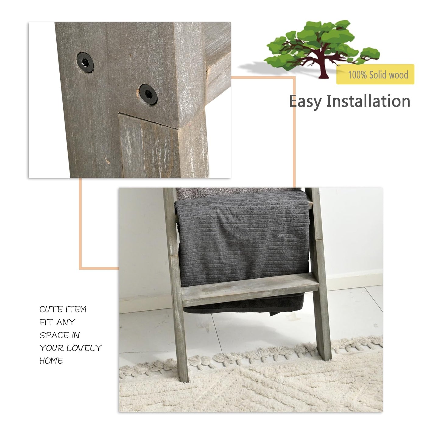 FUIN 5ft (58") Wood Blanket Ladder Living Room Decorative Wall Leaning Farmhouse Quilt Display Holder Shelf Rustic Wooden Towel Rack for Bathroom, Grey