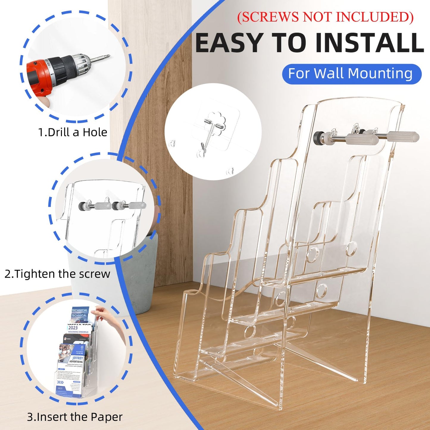 Nellvita 2 Pcs Acrylic Brochure Holder, 4 x9 Inches Flyer Holder, 4 Tier Clear Pamphlet Holder, 4 Inch Wide Magazine Literature Organizer Holder, Brochure Display Stand, for Wall Mount or Desktop Use