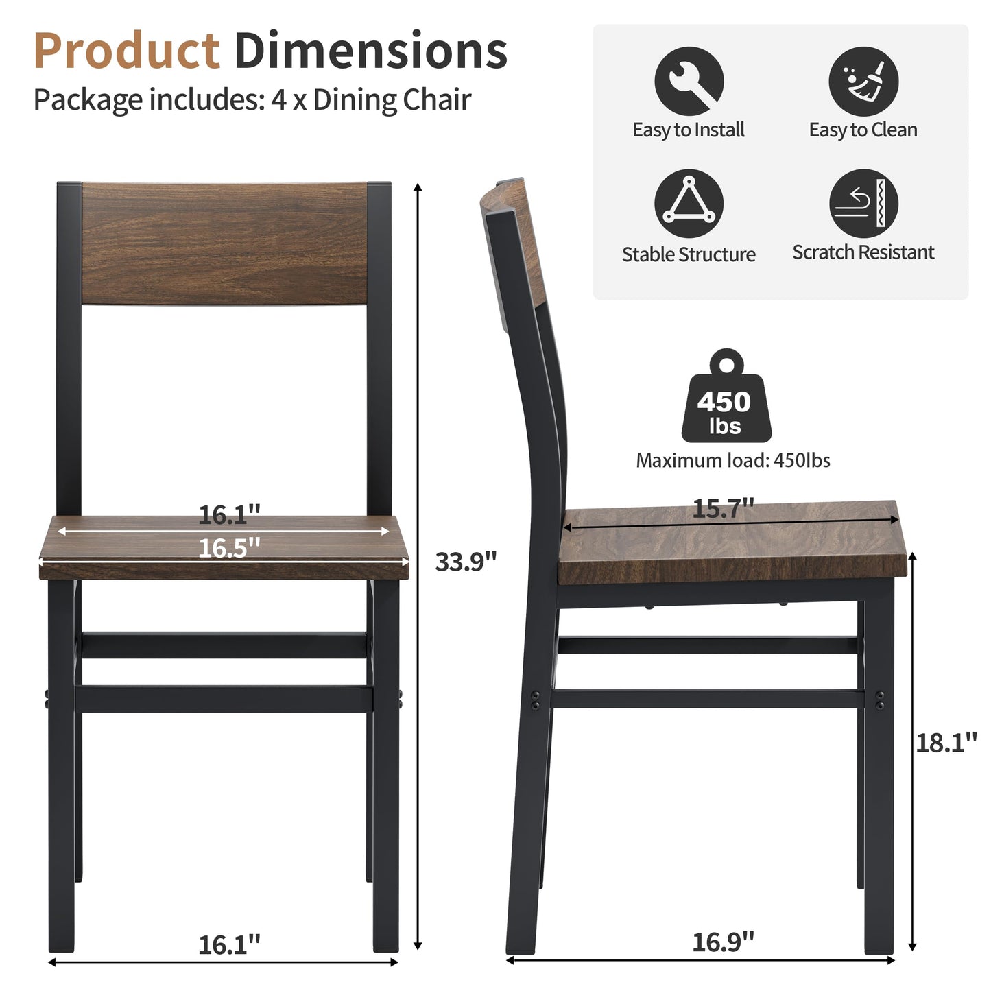 MECHYIN Dining Chairs Set of 4, Rustic Wood Dining Room Chairs with Thickened and Strengthened Metal Steel Frame & Slat Back, Modern Farmhouse Chair for Kitchen, Dining Room (4, Nut-Brown)