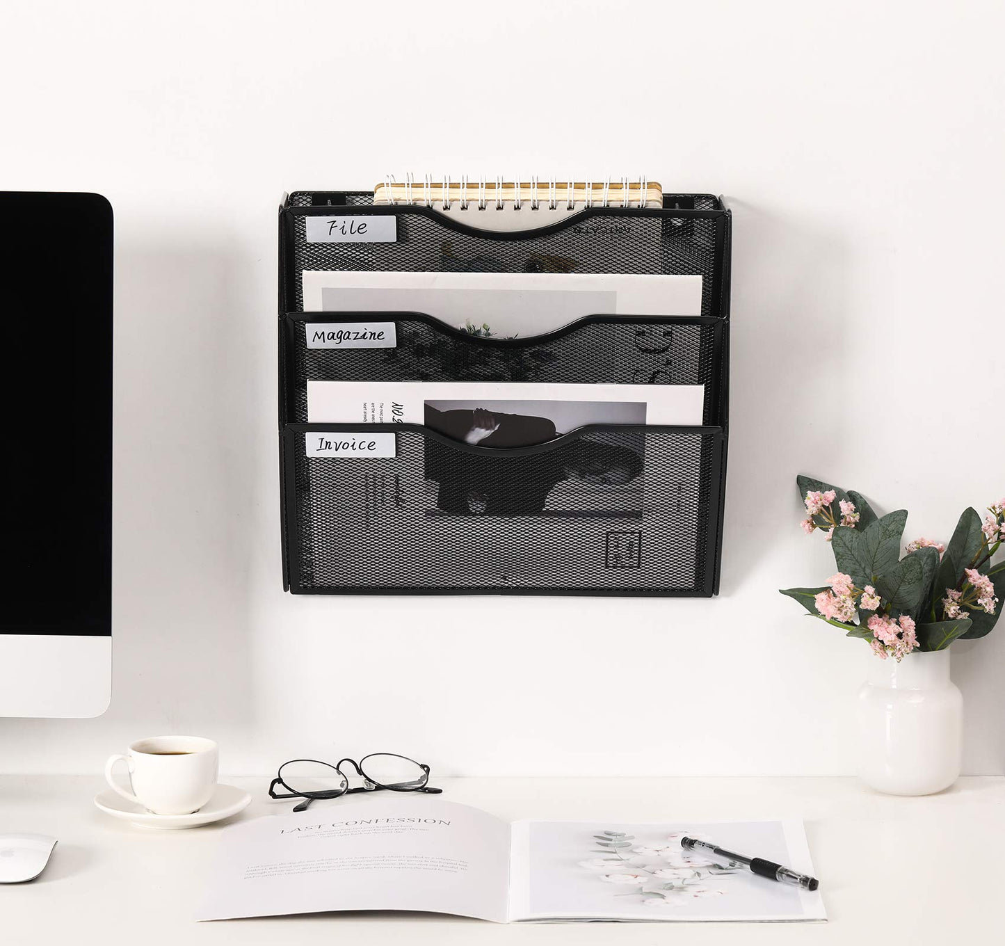 EasyPAG 3 Pocket Mesh Wall File Organizer, Hanging Paper Folder Holder with Classify Label, Vertical Wall Mount Mail Organizer for Office Home Classroom, Black
