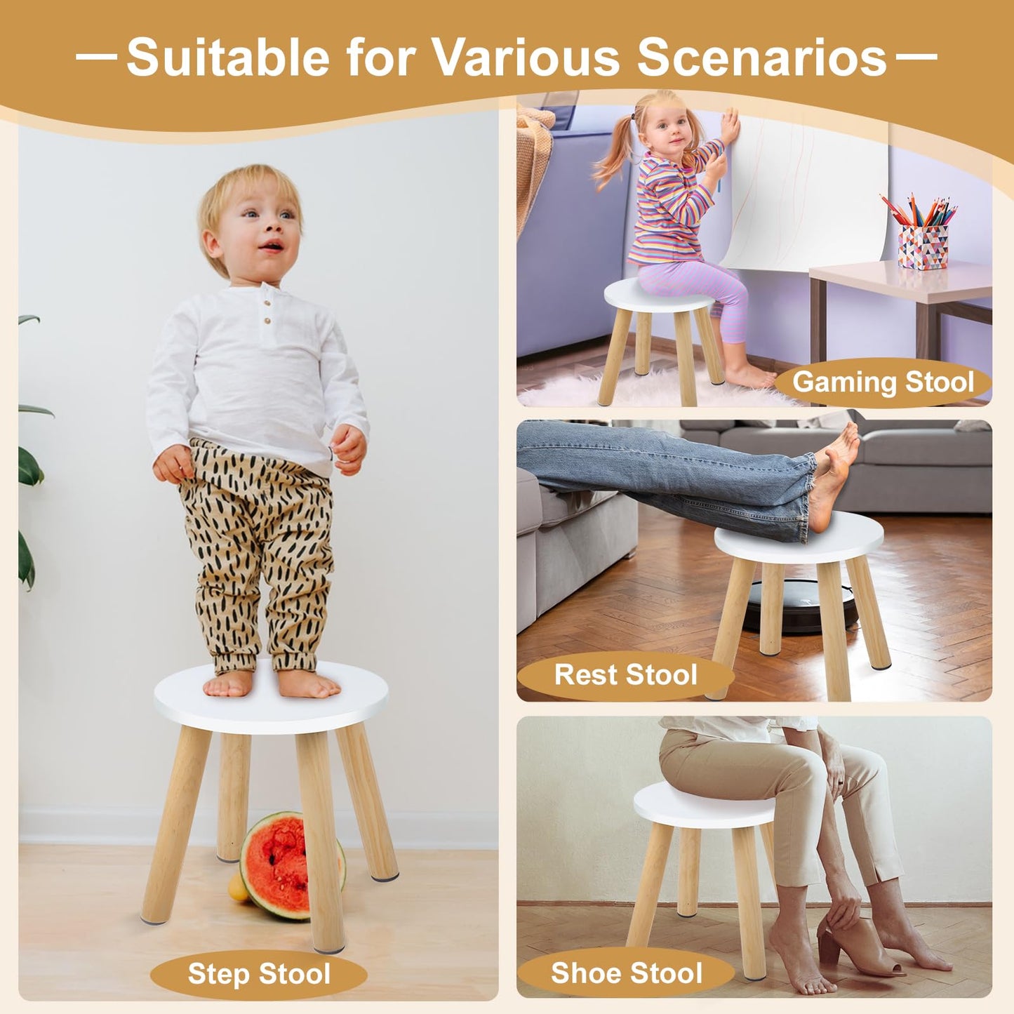 Wooden Step Stool for Kids, Children's Stool Matched Sensory Table, Children Sitting Stool with Assembled Four-Legged, Multi-Purpose Kids Chairs for Bathroom Kitchen Bedroom, Natural Anti-Slip, 2 Pack