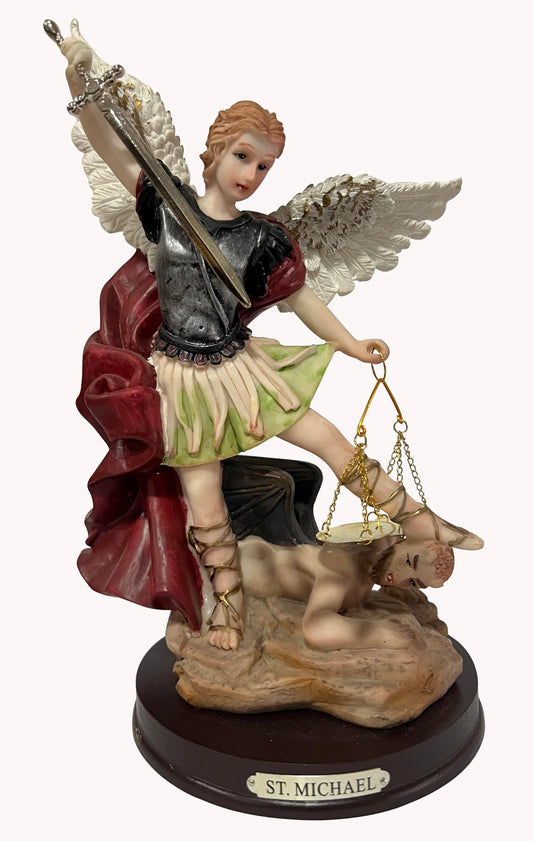 St. Michael Archangel Religious Statue, 9 Inch Decorative Figurine, Collectible Angel Sculpture with Wooden Base,San Miguel Arcangel Statue,Multicolor Resin, Collection Figurines for Collection