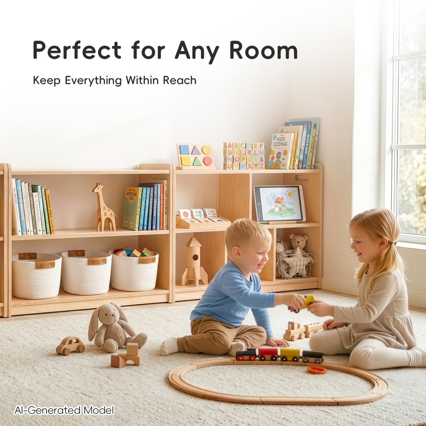 OOOK Montessori Shelf 5-Section, 2-Shelf Toy Organizers and Storage, Double-Sided Montessori Toy Storage, Ideal for Kids Room, Daycare Center, Nursery, Classroom, Kindergarten