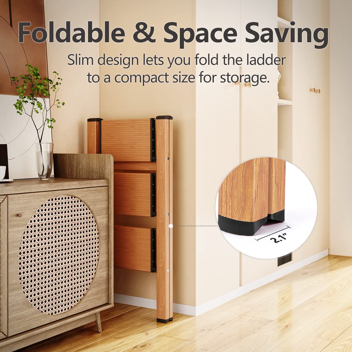 SOLADDER 3 Step Ladder, Folding Aluminum 3 Step Stool with Anti-Slip Wide Sturdy Pedal, Multi-Use for Home and Kitchen, Space Saving-Woodgrain(300 lbs Capacity)