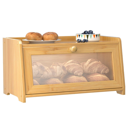 TQQDCI Bread Box for Kitchen Countertop, Vintage Wooden Counter Breadbox, Bamboo Bread Storage Container Bin for Homemade Bread, Small Farmhouse Corner Breadbox Organizer with Acrylic Window, Natural