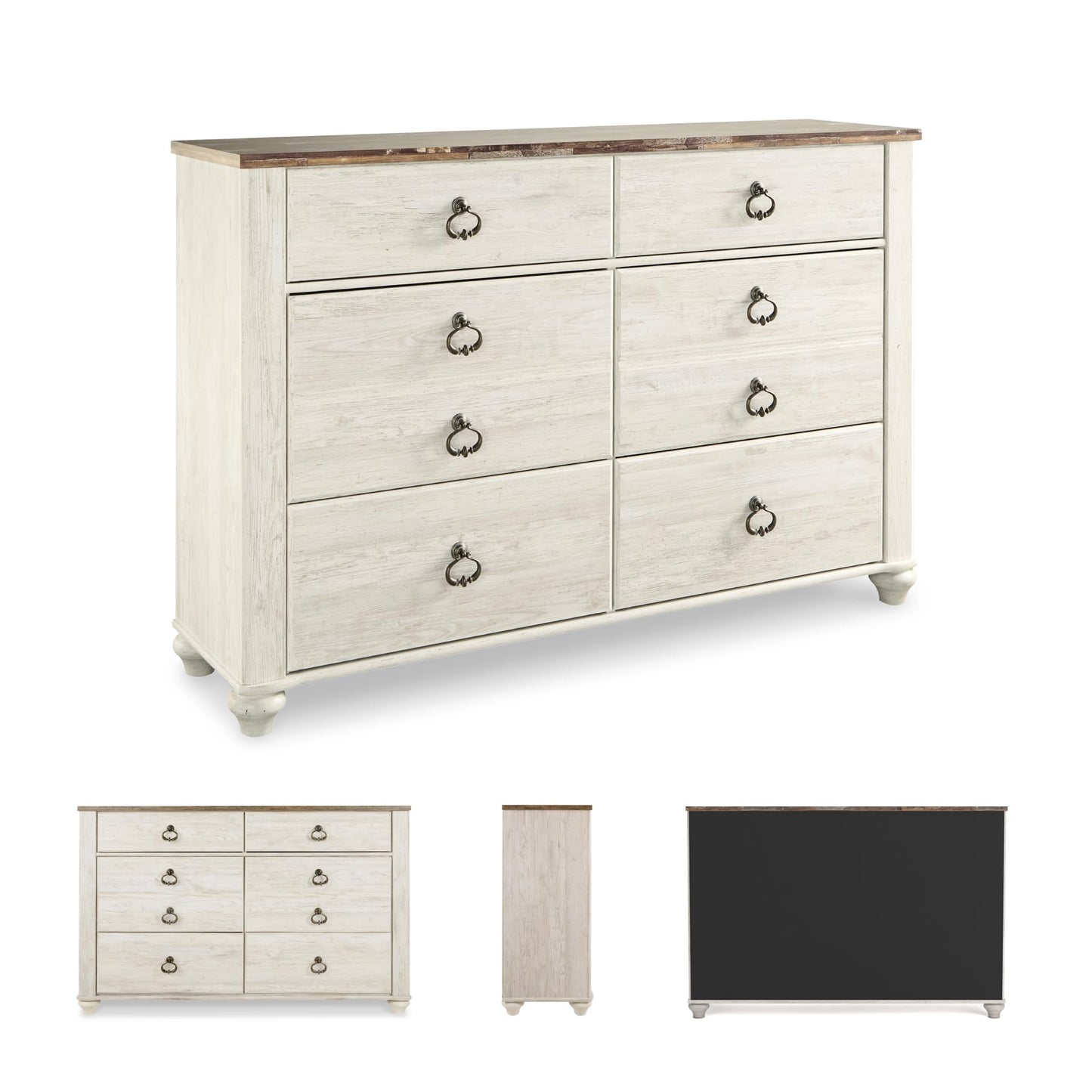 Signature Design by Ashley Willowton Coastal Cottage 6 Drawer Dresser with Faux Plank Top, Whitewash